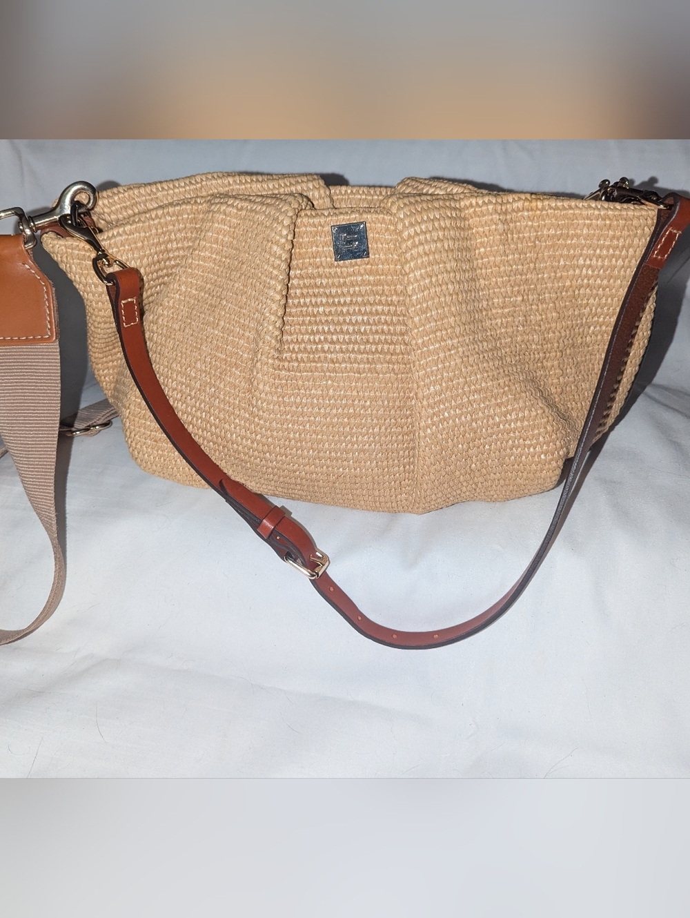 THINK ROYLN Savannah Woven Raffia Crossbody Bag in Beige with Brown Strap